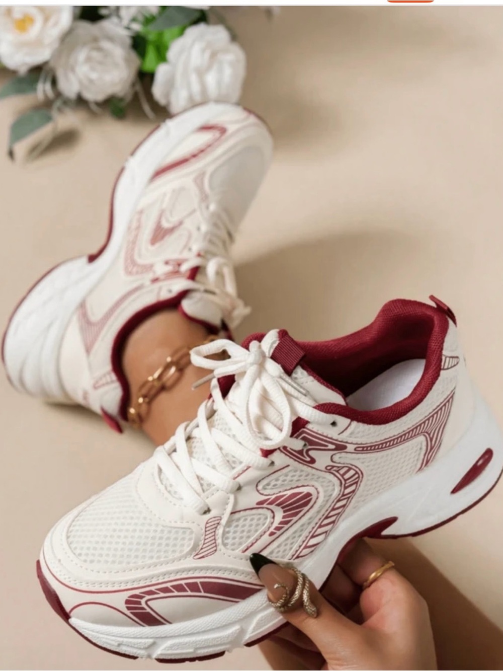 Organic Basics White and Burgundy Women's Chunky Sneakers